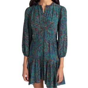Shoshanna Jordana Green Paisley Print Flare Button Front Mini Dress Size 12